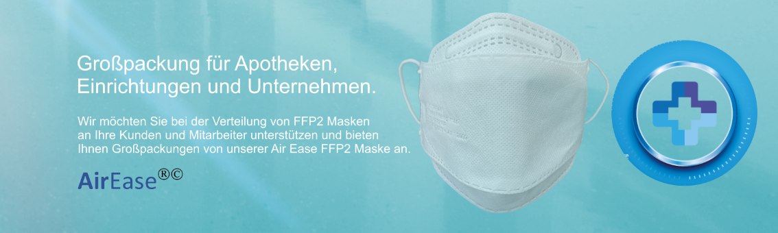 Air EASE FFP2 NANOFILTER MASKE  Nano-Filter/Mikrofasermembran Maske "Air Ease FFP2 Maske" Klassifizierung: FFP2 3-lagig (Vliesstoff mit hoher Dichte + Mikrofaserfilter + Co7on Filter + weitere Lage Vliesstoff) CE-zertifiziert - NB 2233 EN149:2001 + A1:2009 Farbe: weiß Filtert Partikel ab einer Größe von 0.1µm Fördert die Atemfähigkeit und nässt nicht Schließt vollumfänglich von Nase bis Kinn ab