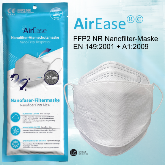 Air EASE FFP2 NANOFILTER MASKE  Nano-Filter/Mikrofasermembran Maske "Air Ease FFP2 Maske" Klassifizierung: FFP2 3-lagig (Vliesstoff mit hoher Dichte + Mikrofaserfilter + Co7on Filter + weitere Lage Vliesstoff) CE-zertifiziert - NB 2233 EN149:2001 + A1:2009 Farbe: weiß Filtert Partikel ab einer Größe von 0.1µm Fördert die Atemfähigkeit und nässt nicht Schließt vollumfänglich von Nase bis Kinn ab. Air Cool / Air Queen