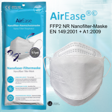 Air EASE FFP2 NANOFILTER MASKE  Nano-Filter/Mikrofasermembran Maske "Air Ease FFP2 Maske" Klassifizierung: FFP2 3-lagig (Vliesstoff mit hoher Dichte + Mikrofaserfilter + Co7on Filter + weitere Lage Vliesstoff) CE-zertifiziert - NB 2233 EN149:2001 + A1:2009 Farbe: weiß Filtert Partikel ab einer Größe von 0.1µm Fördert die Atemfähigkeit und nässt nicht Schließt vollumfänglich von Nase bis Kinn ab